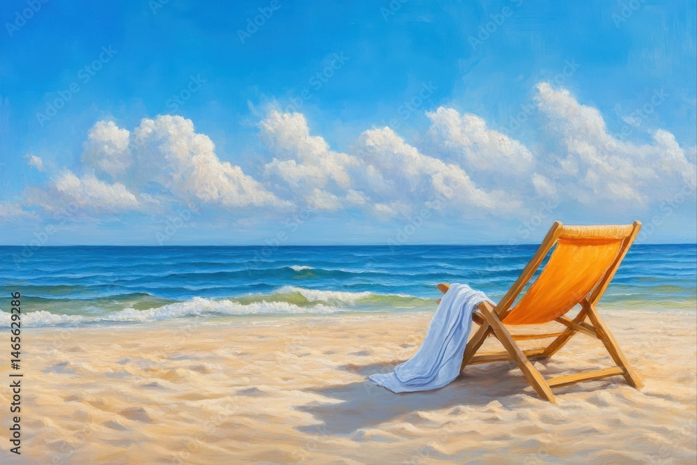 Beach chair with towel on sandy shore near ocean under cloudy sky for relaxation, vacation, travel, and summer themes Beach chair with towel on sandy shore near ocean under cloudy sky for relaxation, vacation, travel, and summer themes