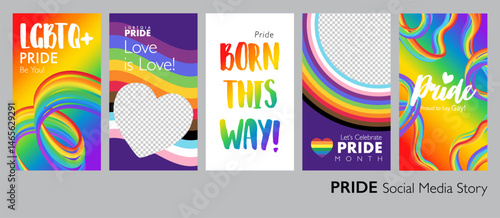 Colorful happy PRIDE month cover page set with abstract 3D progress pride rainbow for or prints, web ads and social event story. Vector illustration for Pride.