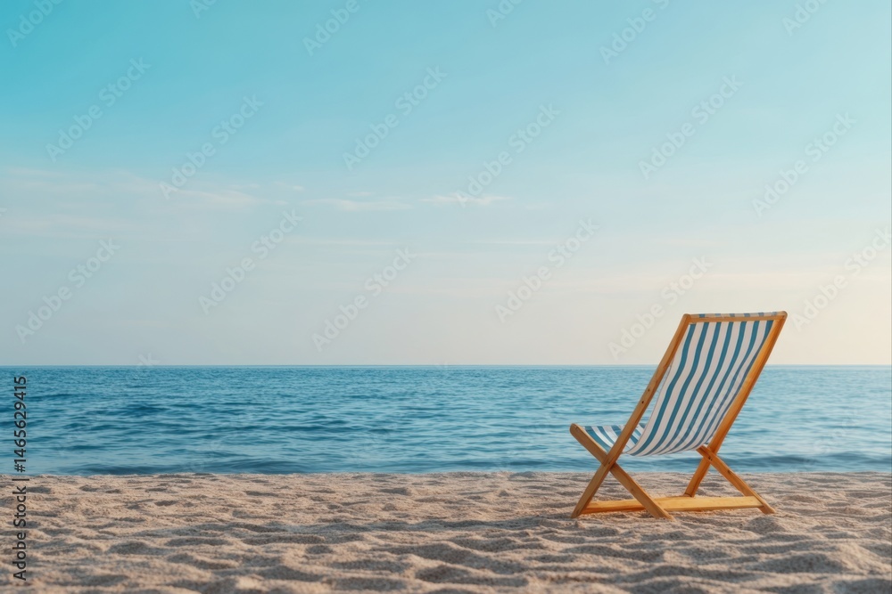 Beach chair on sand near ocean under sky for relaxation and vacation use cases Beach chair on sand near ocean under sky for relaxation and vacation use cases