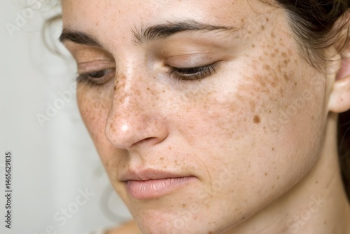 Close-up of a woman's face with hyperpigmentation spots, natural lighting, photorealistic