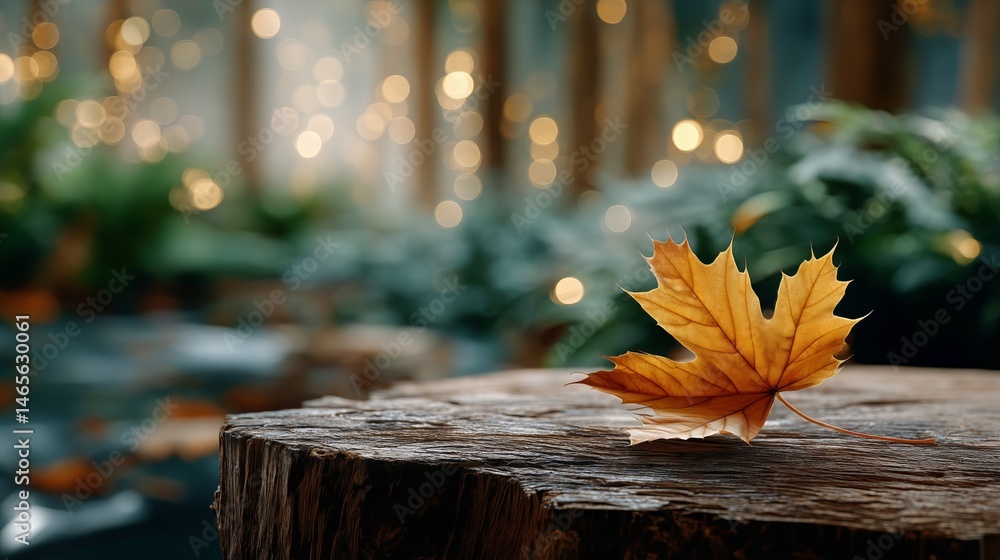 Colorful Autumn Leaf Resting on a Wooden Stump in a Serene Forest Setting With Blurred Background