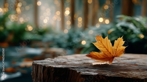 Obraz na płótnie Colorful Autumn Leaf Resting on a Wooden Stump in a Serene Forest Setting With Blurred Background w salonie