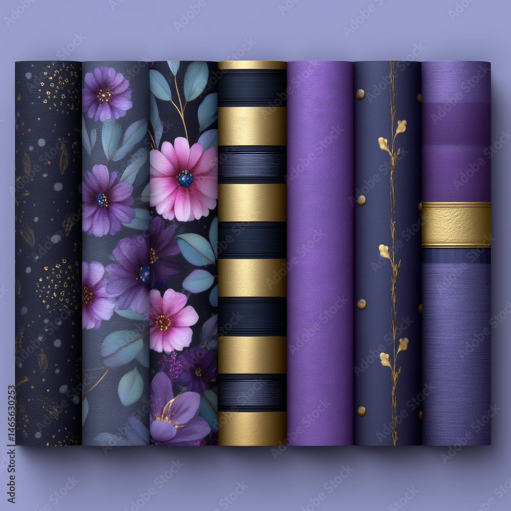 A collection of purple and gold textured fabric with floral designs