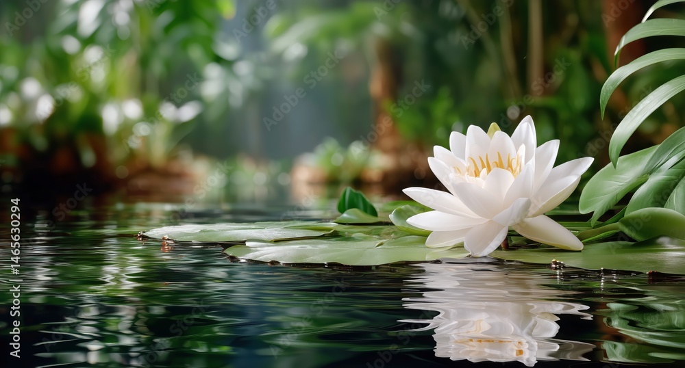 White Lotus Blooms Gracefully on Tranquil Water Surrounded by Lush Greenery in a Serene Tropical Setting