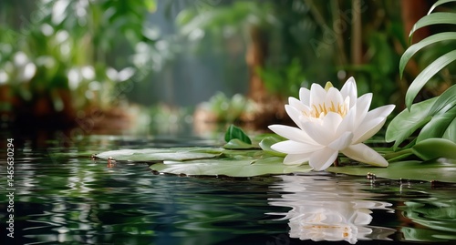 Obraz na płótnie White Lotus Blooms Gracefully on Tranquil Water Surrounded by Lush Greenery in a Serene Tropical Setting w salonie