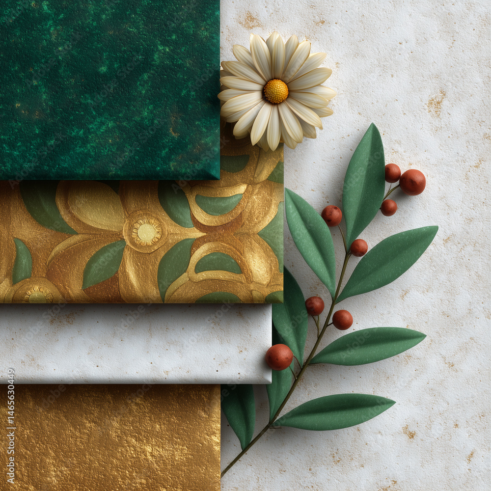 A stack of fabric with a leaf and a flower on top