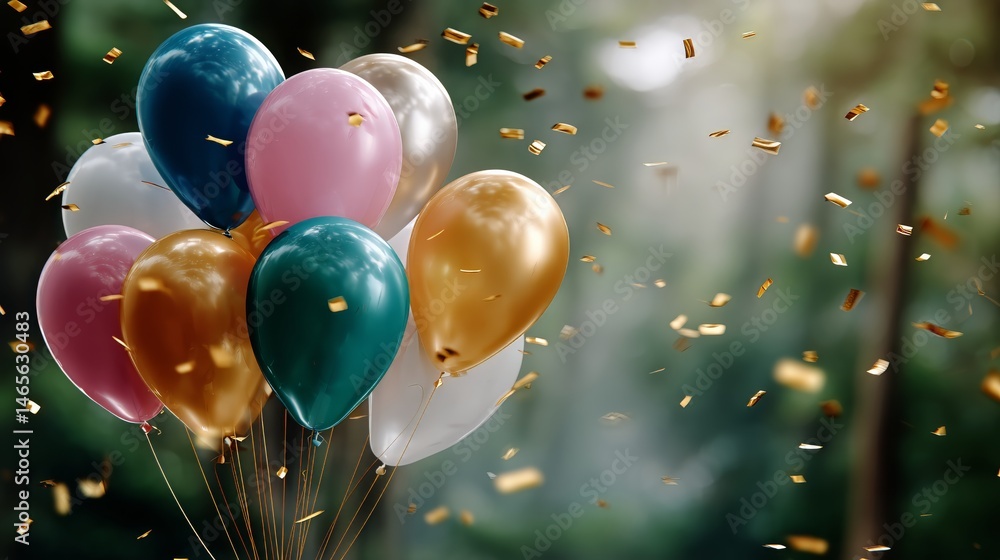 Colorful Balloons With Confetti Celebrate a Joyful Occasion in a Lush Outdoor Setting