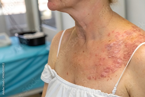 Close-up of radiation skin damage on breast area post-therapy, medical context, high realism