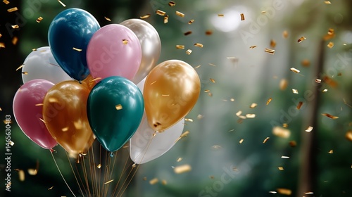Obraz na płótnie Colorful Balloons With Confetti Celebrate a Joyful Occasion in a Lush Outdoor Setting w salonie