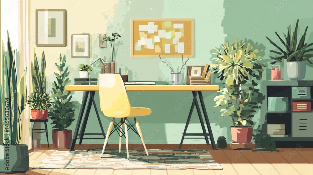 Fototapeta premium A bright and inviting home office space filled with plants, sunlight, and a cozy chair setting.
