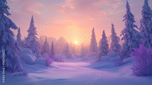A snowy landscape at sunrise, with trees covered in snow. [Industrial Fairytales] | Sooty Legends | grimy elf. Illustration