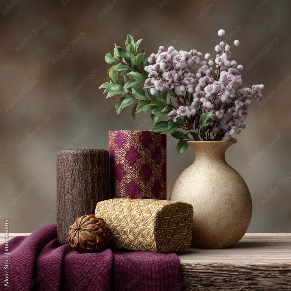 A vase with flowers and a brown box with a nut on it