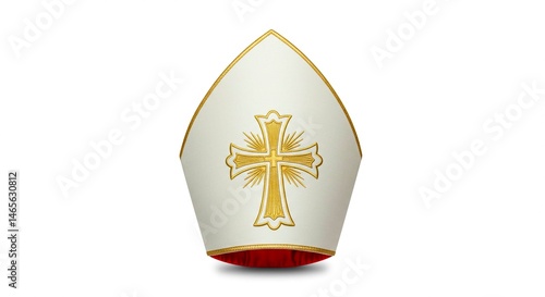 A mitre with a golden cross and rays on a white background isolated in studio lighting showing details