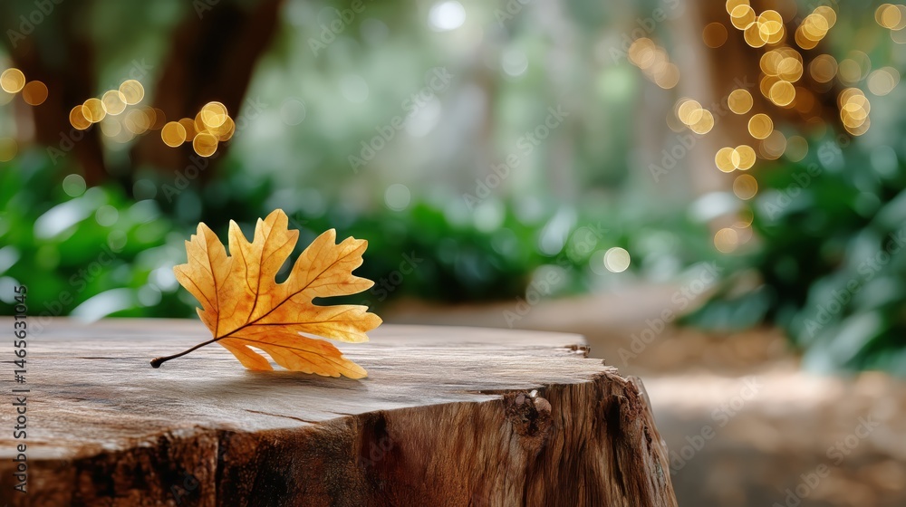 Colorful Autumn Leaf Resting on a Wooden Stump in a Serene Forest Setting With Blurred Background