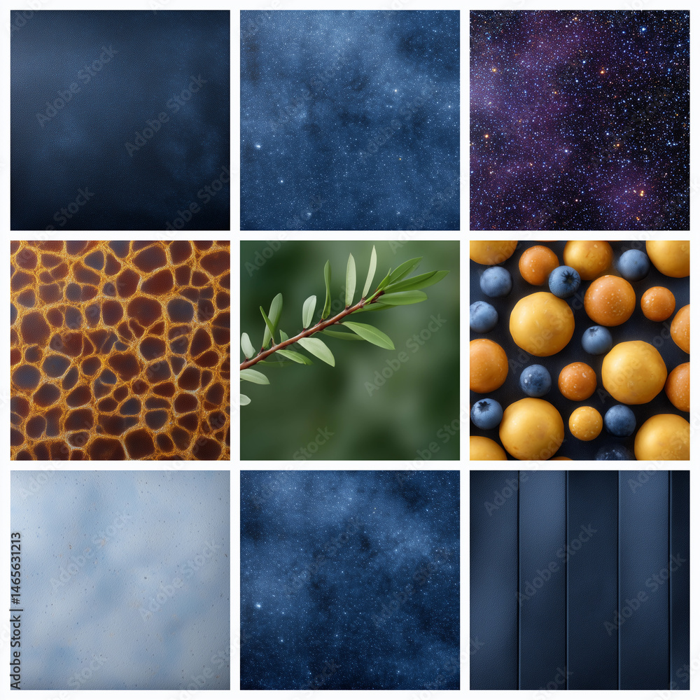 A collection of images featuring different textures and colors, including a leaf