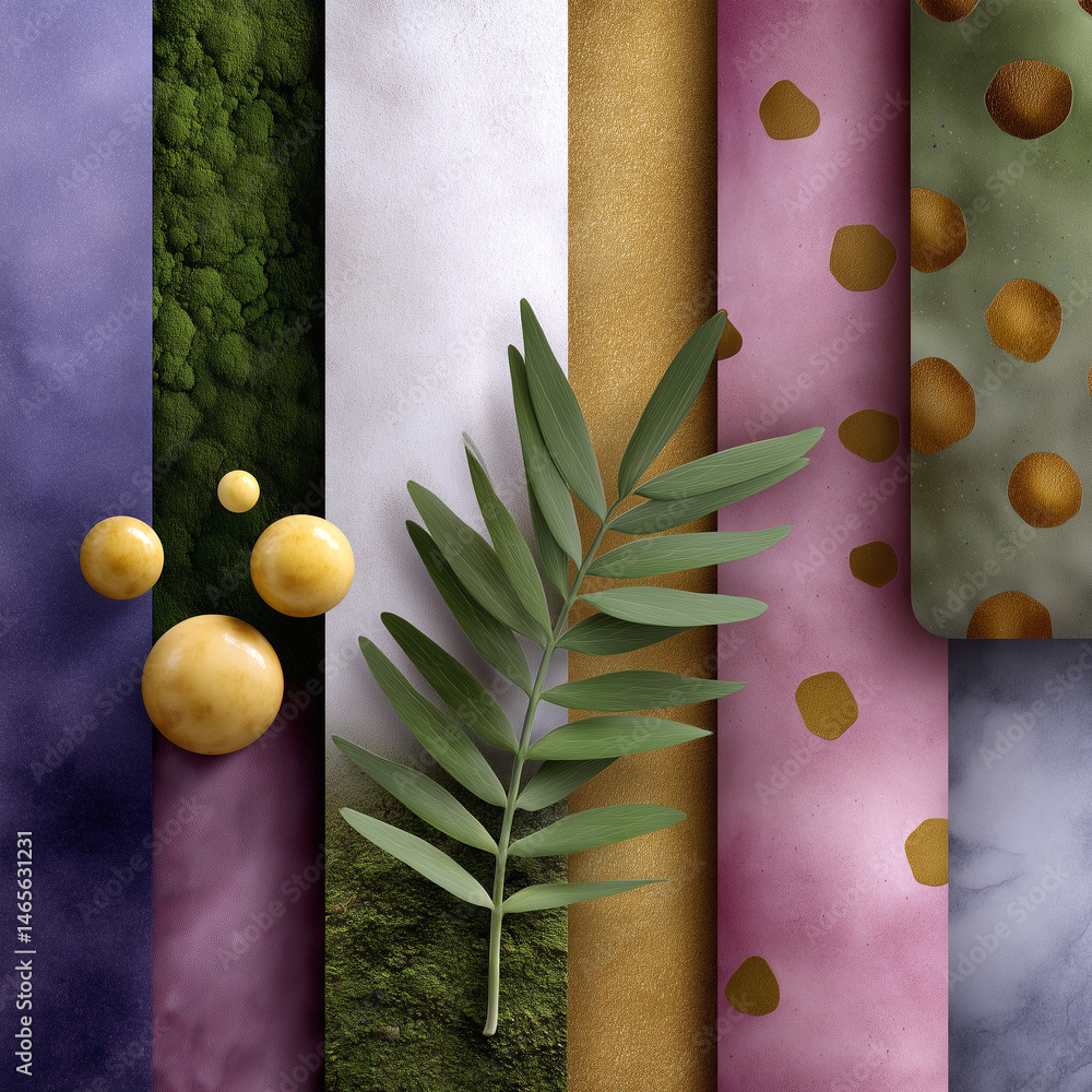 A variety of colorful and textured materials, including a leafy green leaf