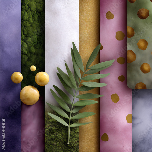 A variety of colorful and textured materials, including a leafy green leaf