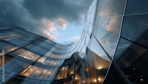 Modern Architectural Design Showcases Glass Facade and Blue Sky With Clouds i...