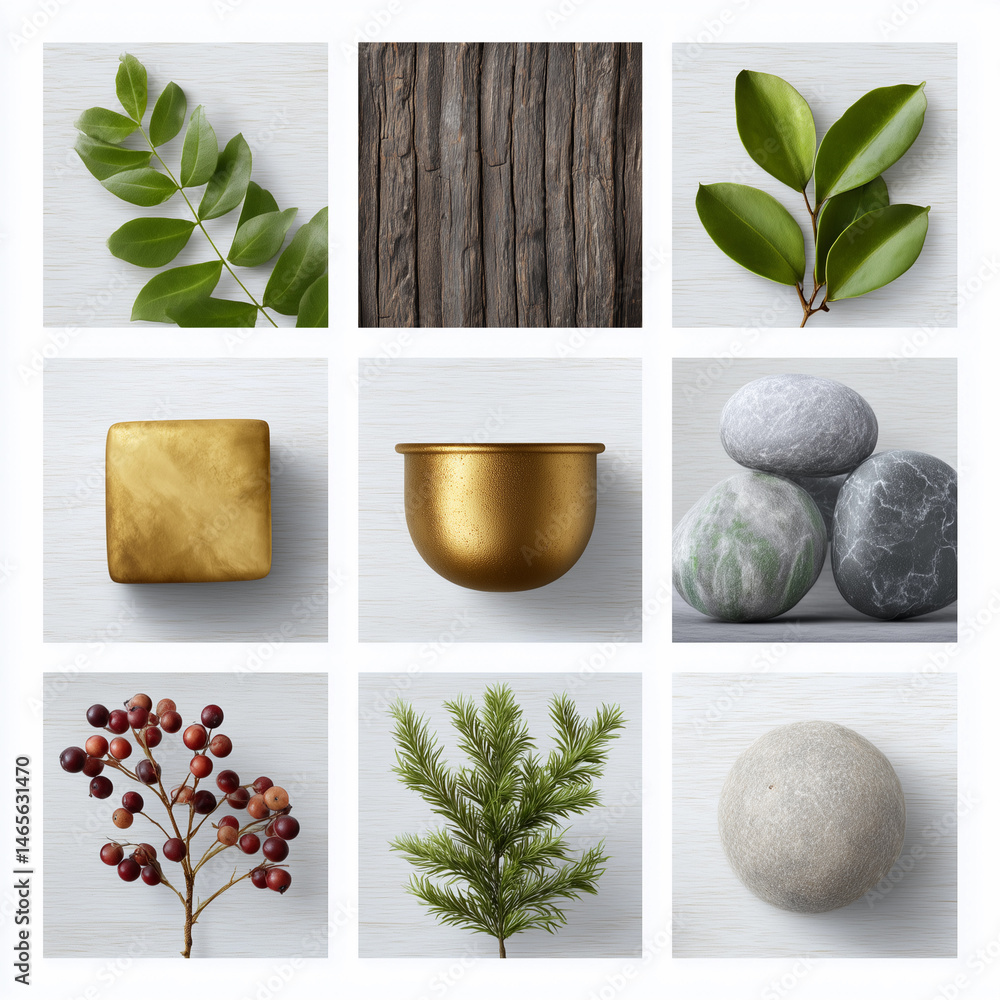 A variety of natural elements, including leaves, rocks, and a gold bowl