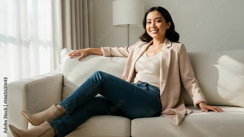 Woman relaxing on beige couch Woman relaxing on beige couch