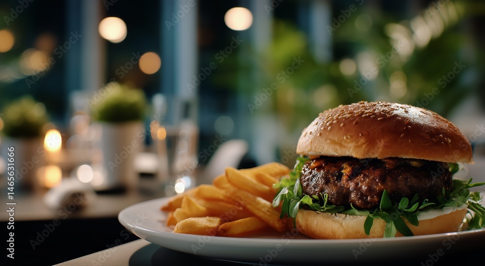 Delicious Burger With Fries Served at a Cozy Restaurant During Evening