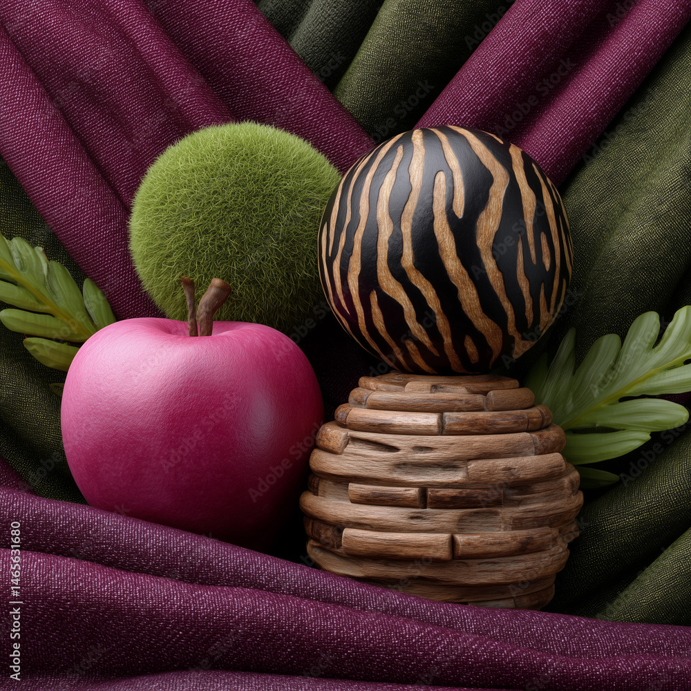A red apple sits on a table next to a wooden ball with a zebra print