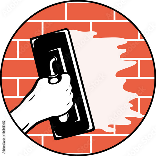 Spatula smears plaster on a brick wall, plasterer sign