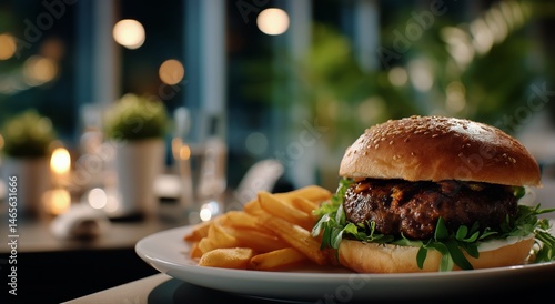 Obraz na płótnie Delicious Burger With Fries Served at a Cozy Restaurant During Evening w salonie