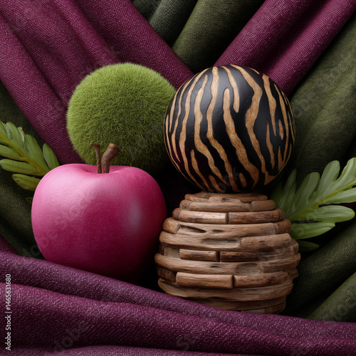 Obraz na płótnie A red apple sits on a table next to a wooden ball with a zebra print w salonie