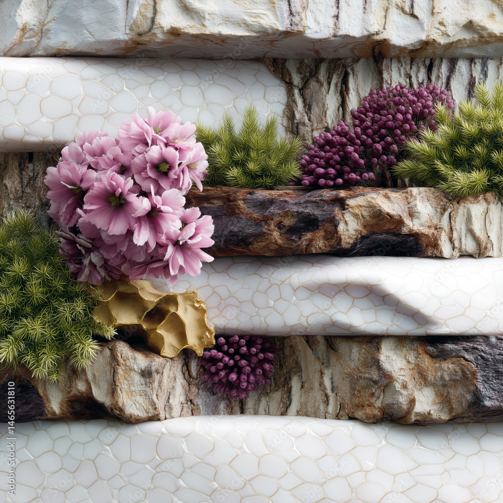A rock wall with a variety of flowers and plants growing on it