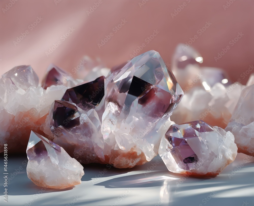 Beautiful Amethyst Crystals Sparkling Under Soft Light on a Pale Pink Background