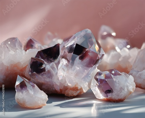 Obraz na płótnie Beautiful Amethyst Crystals Sparkling Under Soft Light on a Pale Pink Background w salonie