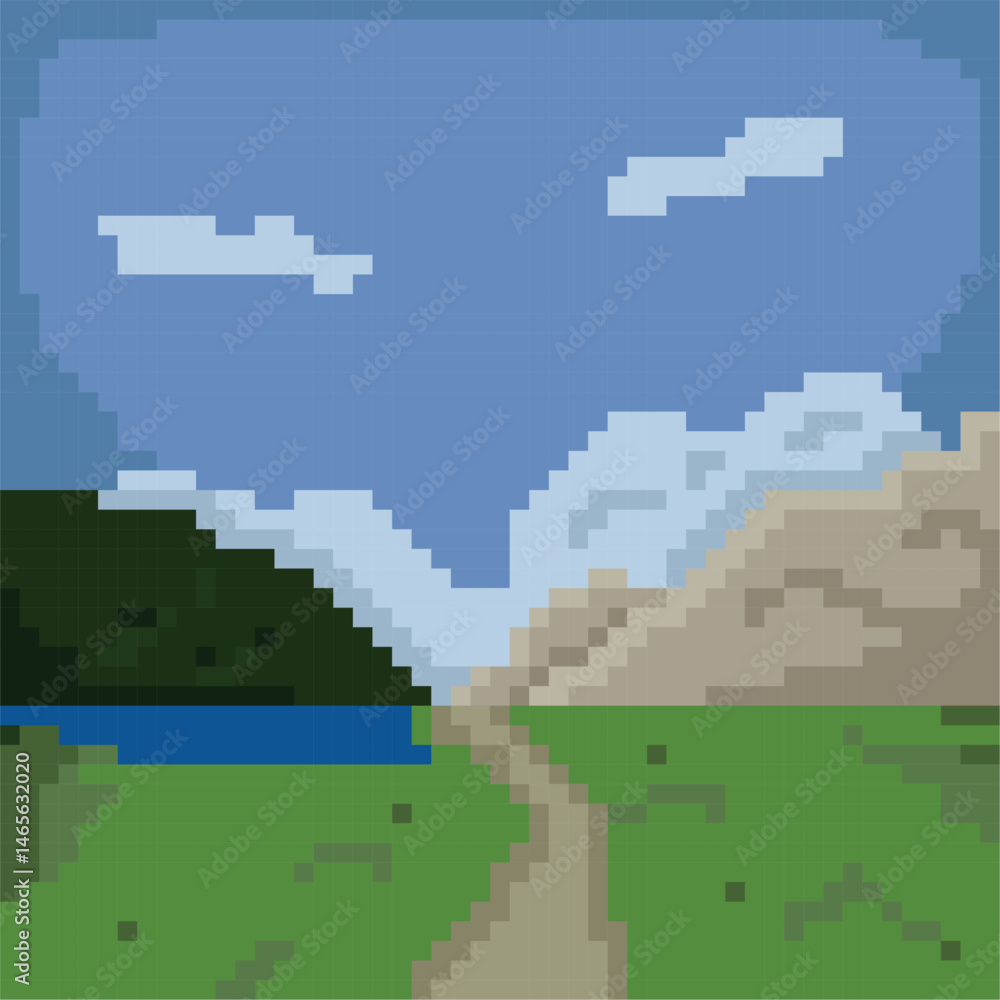 Isolated valley landscape pixel illustration Isolated valley landscape pixel illustration