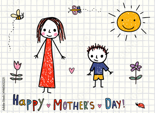 Cute Mom and Son Stick Figure Drawing, Mother's Day Hand Drawn Childish Greeting Card, Simple Children Doodles Background