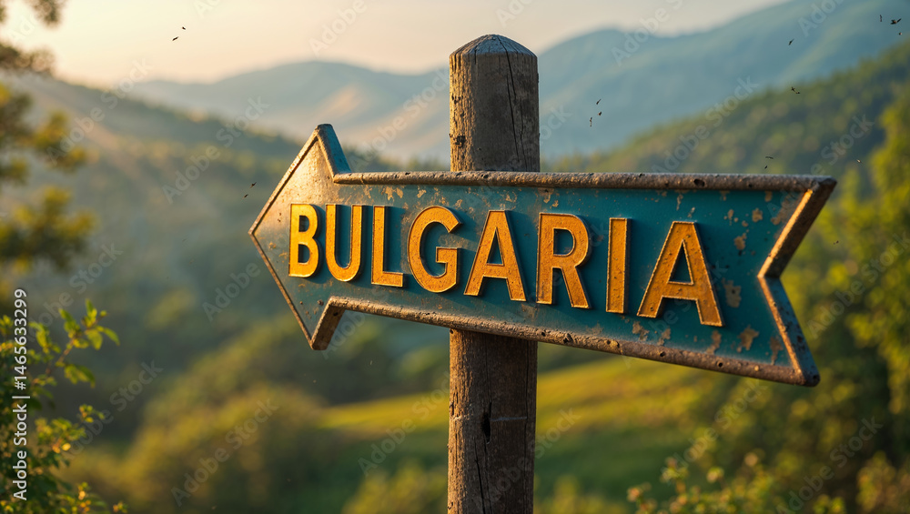 on the pole there is a direction arrow with the inscription Bulgaria against the background of a picturesque summer landscape