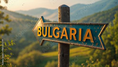 Obraz na płótnie on the pole there is a direction arrow with the inscription Bulgaria against the background of a picturesque summer landscape w salonie