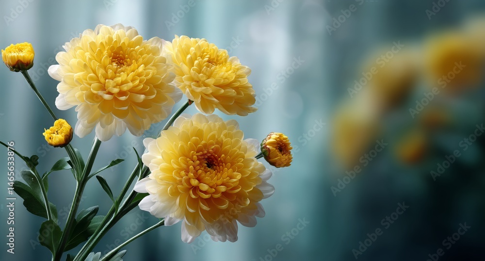 Bright Yellow Chrysanthemums Bloom in a Tranquil Indoor Setting With Soft Natural Light