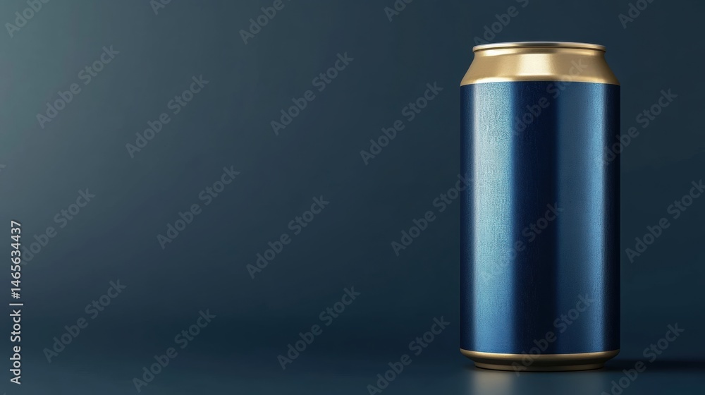 Close-up of a Tall Blue Aluminum Beverage Can with a Gold Top on a Dark Background, Minimalist and Modern Drink Container for Refreshing Beverages or Soft Drinks Close-up of a Tall Blue Aluminum Beverage Can with a Gold Top on a Dark Background, Minimalist and Modern Drink Container for Refreshing Beverages or Soft Drinks