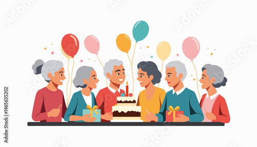 Elderly group joyfully celebrating birthday with cake and balloons, togetherness