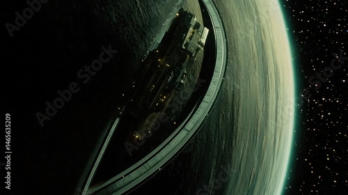 Orbital space station.  Dark, glowing ring structure encircles a planet in the void.  Internal architecture is visible
