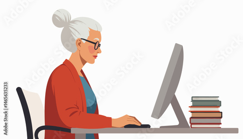 Elderly librarian engaging with computer at minimalist desk, knowledge pursuit