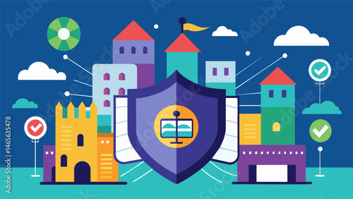 A digitally secure stronghold that utilizes advanced data defense tactics to safeguard against cyber threats.. Vector illustration