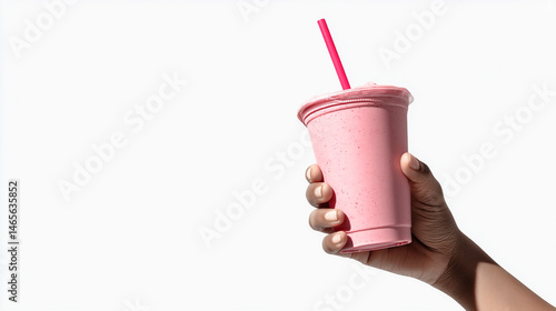 A hand with a refreshing pink smoothie in a clear cup is held against a bright white backdrop.