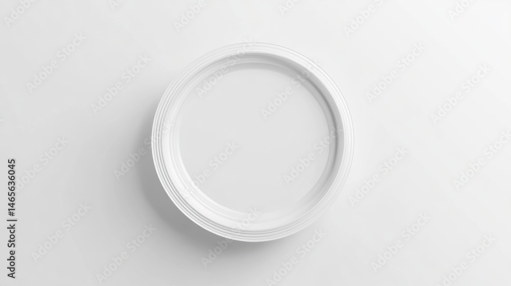 Circular white plastic container lid with layered design on smooth white background for packaging, product design, and everyday household use purposes Circular white plastic container lid with layered design on smooth white background for packaging, product design, and everyday household use purposes