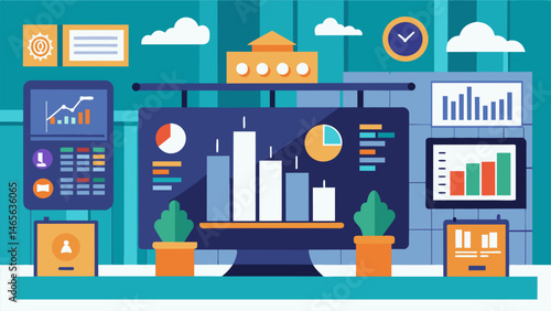 A city hall has an interactive data wall in its lobby showcasing realtime updates on local government initiatives budgets and community events.. Vector illustration