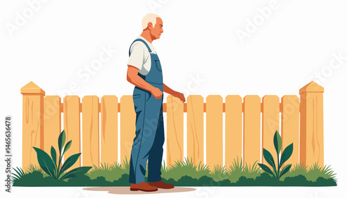Elderly man contemplating tranquility by wooden fence in garden, peacefulness