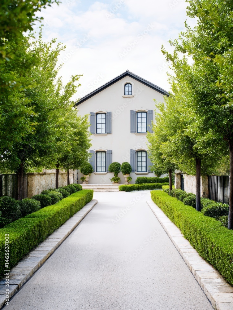 Fototapeta premium Elegant Villa and Landscaped Gardens - Luxury home, manicured gardens, serene landscape, tranquil driveway, architectural design. Symbolizing peace, elegance, wealth, sophistication, and nature