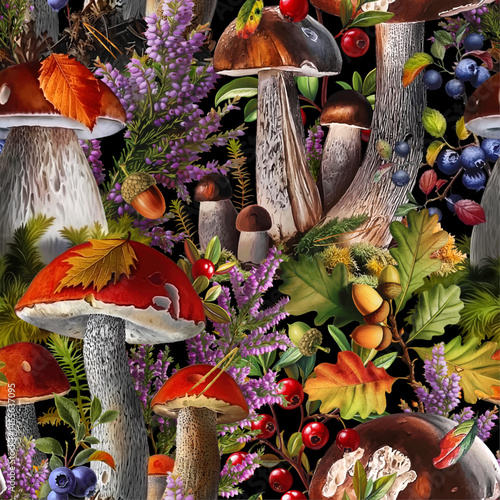 Seamless vector pattern with forest mushrooms and plants isolated on a changeable background. Vintage painting style illustration.