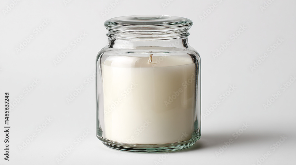 A beautiful, white candle in a clear glass jar with a lid, isolated on a white backdrop. A beautiful, white candle in a clear glass jar with a lid, isolated on a white backdrop.