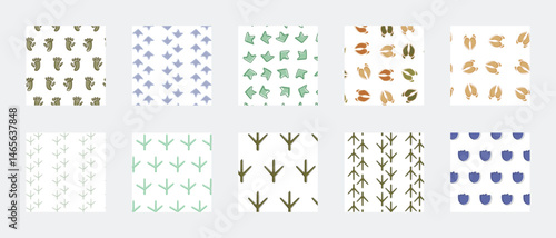 bundle seamless pattern with monkey, pig, elephant, hen, dove and duck footprints. animal footprint pattern collection